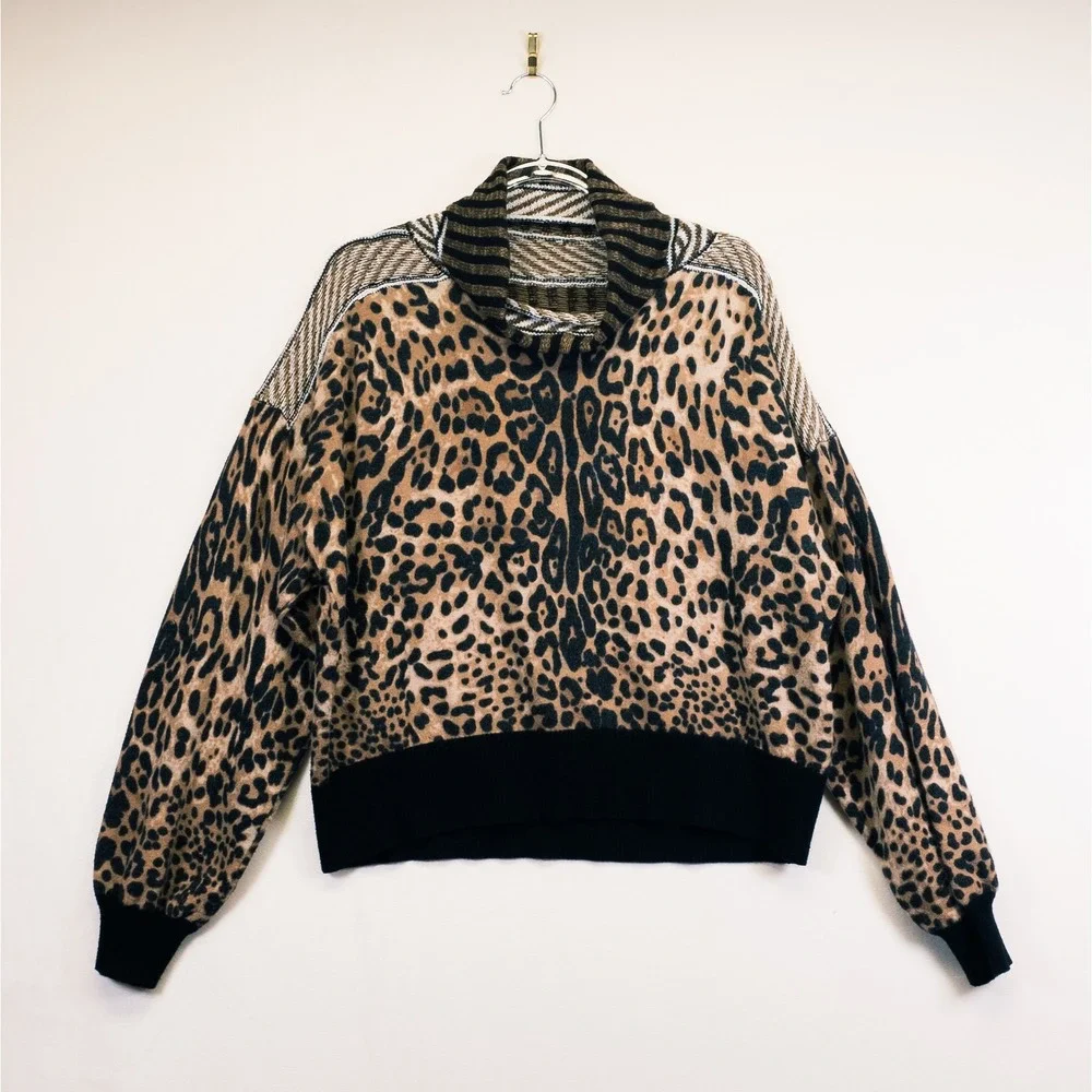 Gimmicks Sweater Womens L Brown Leopard Print Mixed Media Boho Indie Mob Wife - Picture 2 of 16
